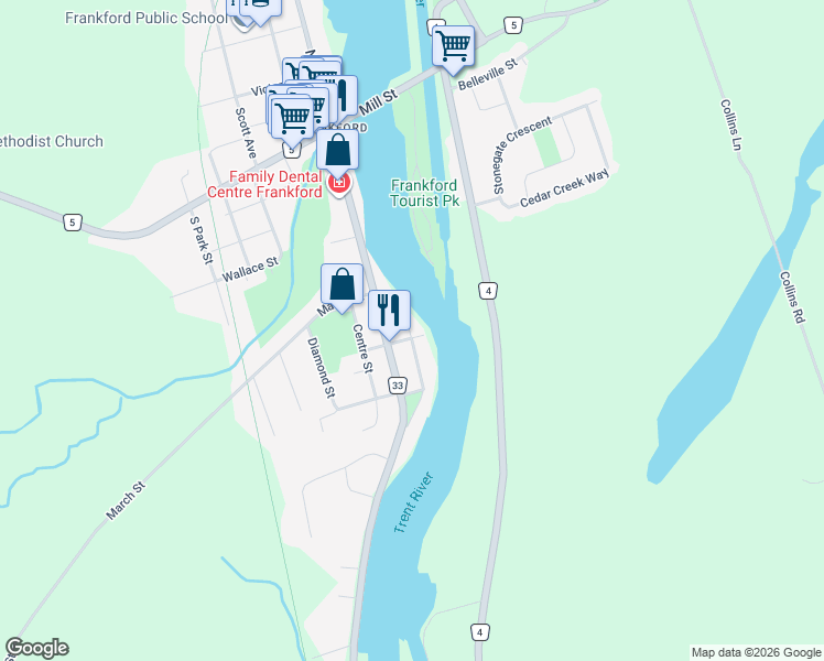 map of restaurants, bars, coffee shops, grocery stores, and more near 62 Oxford Street in Quinte West
