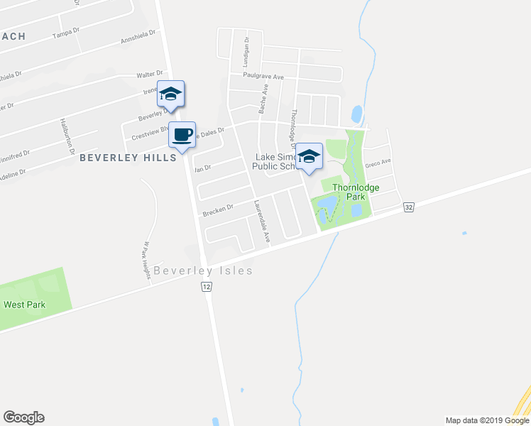 map of restaurants, bars, coffee shops, grocery stores, and more near 39 Laurendale Avenue in Georgina