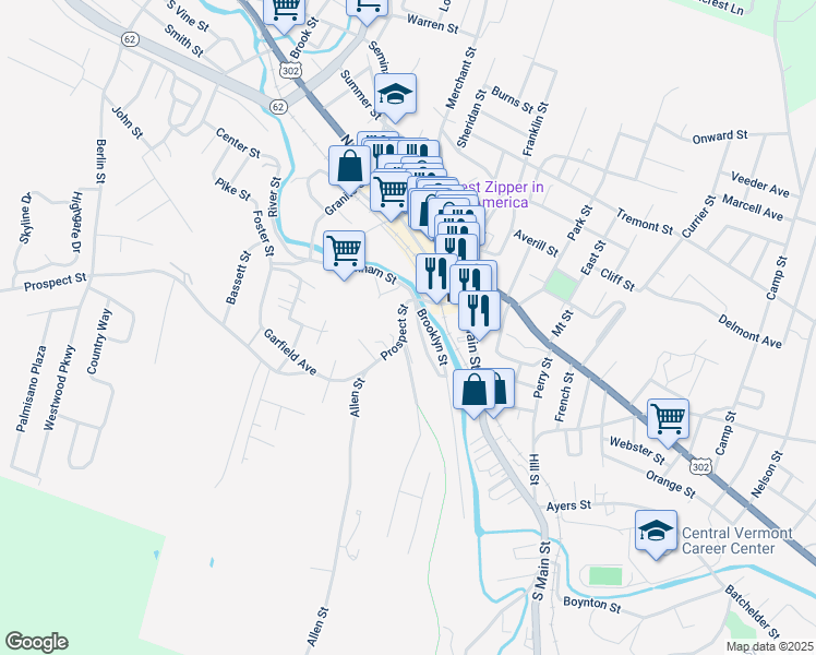 map of restaurants, bars, coffee shops, grocery stores, and more near 80 Prospect Street in Barre
