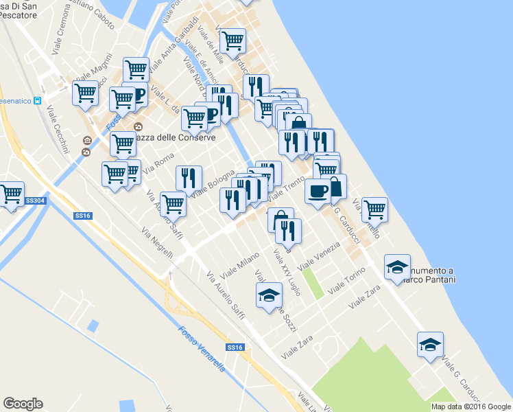 map of restaurants, bars, coffee shops, grocery stores, and more near 33C Viale Trento in Cesenatico