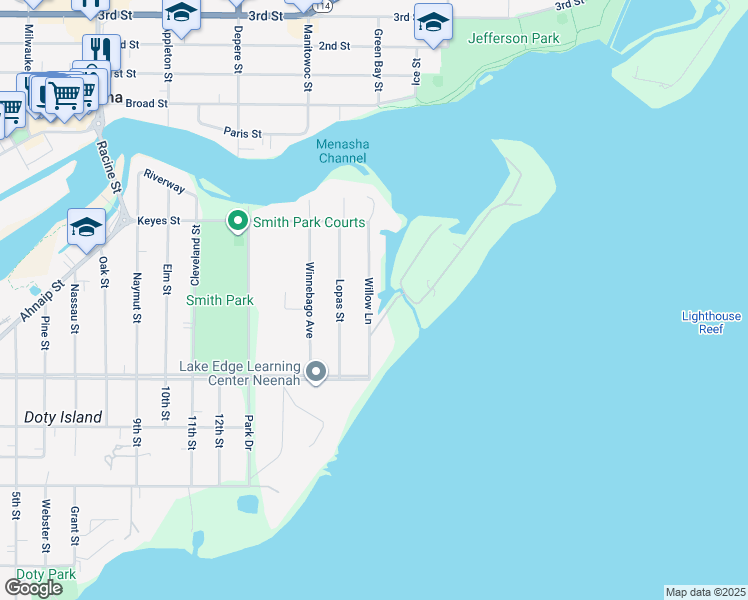 map of restaurants, bars, coffee shops, grocery stores, and more near 360 Willow Lane in Menasha