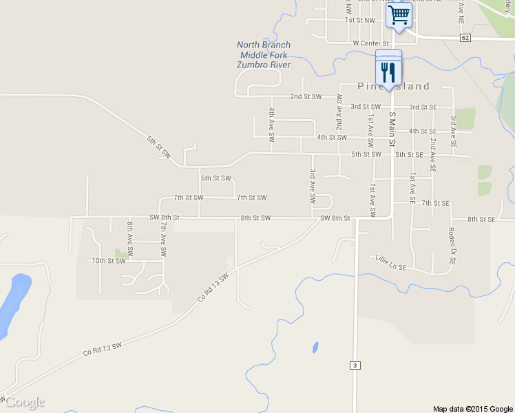 map of restaurants, bars, coffee shops, grocery stores, and more near 510 8th Street Southwest in Pine Island