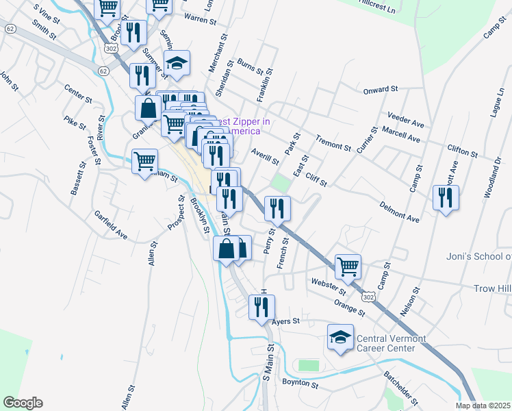 map of restaurants, bars, coffee shops, grocery stores, and more near 65 Washington Street in Barre