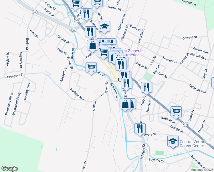 map of restaurants, bars, coffee shops, grocery stores, and more near 80 Prospect Street in Barre