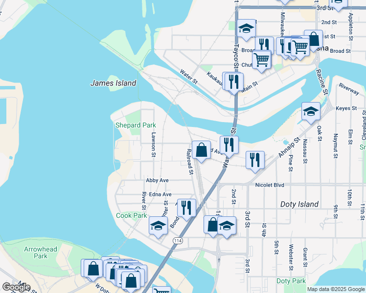 map of restaurants, bars, coffee shops, grocery stores, and more near 227 Garfield Avenue in Menasha