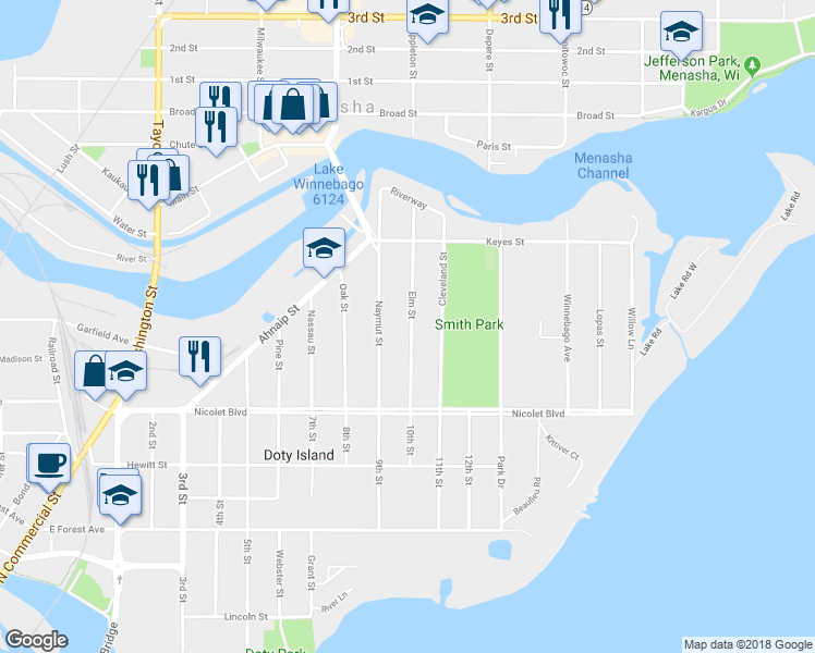 map of restaurants, bars, coffee shops, grocery stores, and more near 401 Elm Street in Menasha