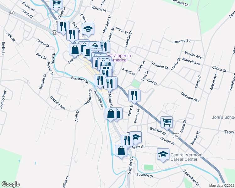 map of restaurants, bars, coffee shops, grocery stores, and more near 65 Washington Street in Barre