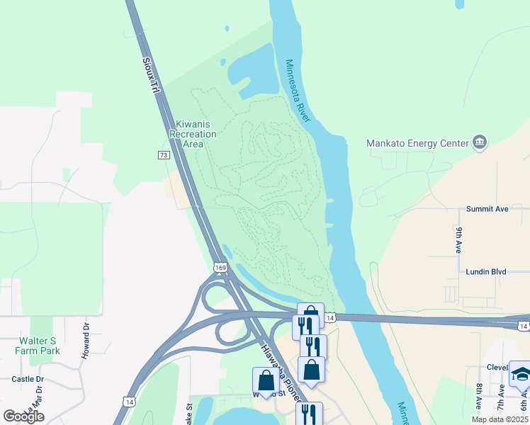 map of restaurants, bars, coffee shops, grocery stores, and more near Kiwanis Mountain Bike Trail in Mankato
