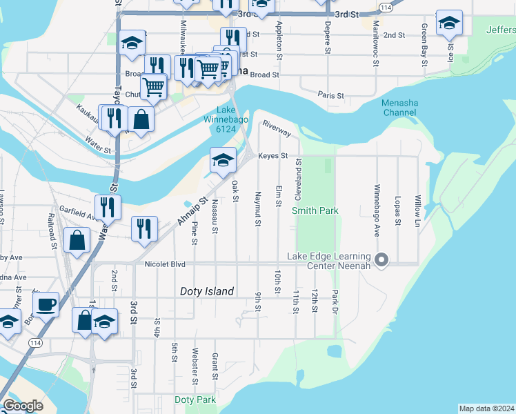 map of restaurants, bars, coffee shops, grocery stores, and more near 348 Naymut Street in Menasha