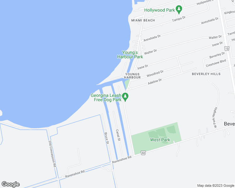 map of restaurants, bars, coffee shops, grocery stores, and more near 12 Robert Street in Georgina