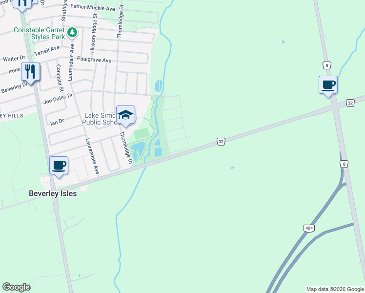 map of restaurants, bars, coffee shops, grocery stores, and more near 84 Robert Wilson Crescent in Georgina