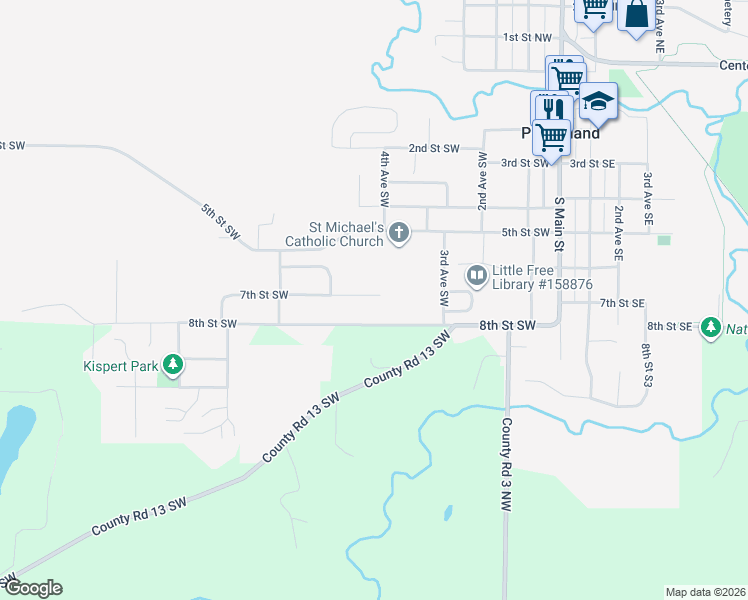 map of restaurants, bars, coffee shops, grocery stores, and more near 510 8th Street Southwest in Pine Island