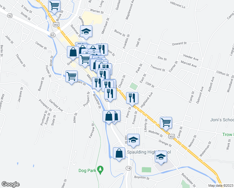 map of restaurants, bars, coffee shops, grocery stores, and more near 5 Spaulding Street in Barre