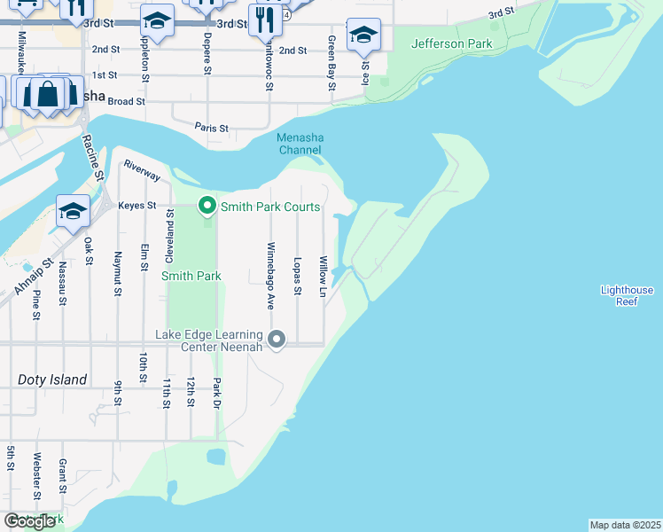 map of restaurants, bars, coffee shops, grocery stores, and more near 360 Willow Lane in Menasha
