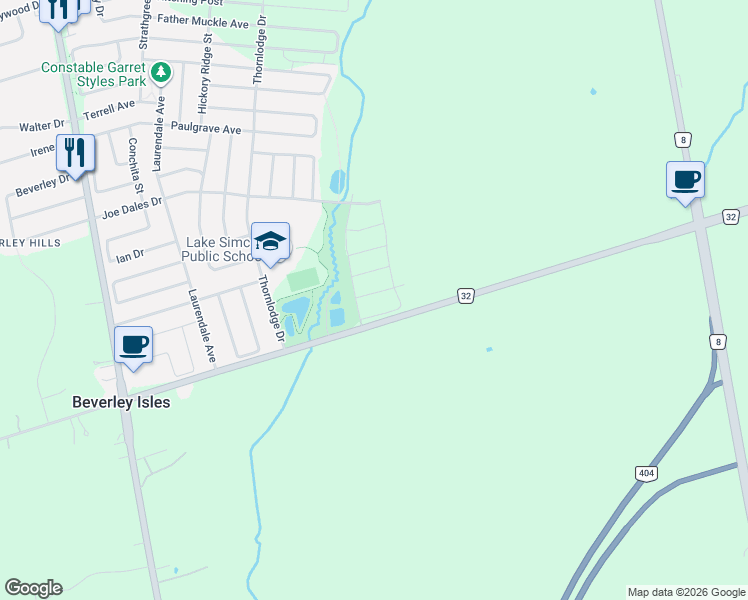 map of restaurants, bars, coffee shops, grocery stores, and more near 84 Robert Wilson Crescent in Georgina