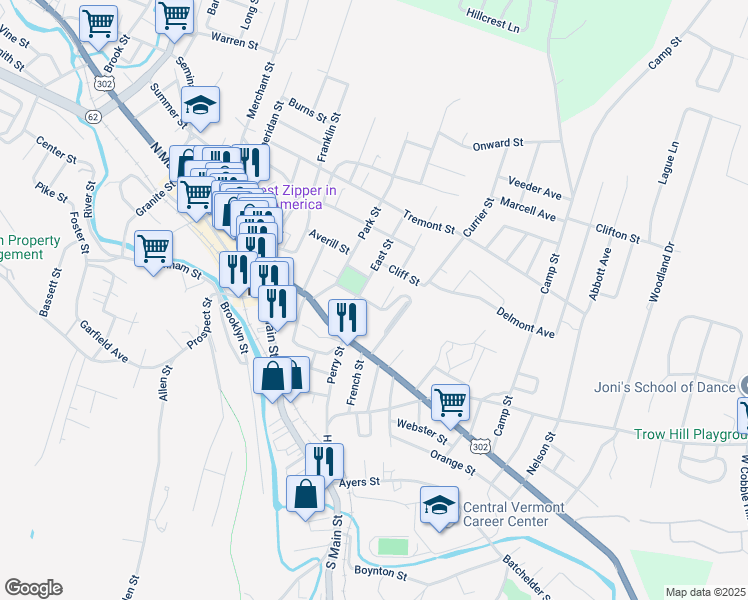 map of restaurants, bars, coffee shops, grocery stores, and more near 20 Academy Street in Barre