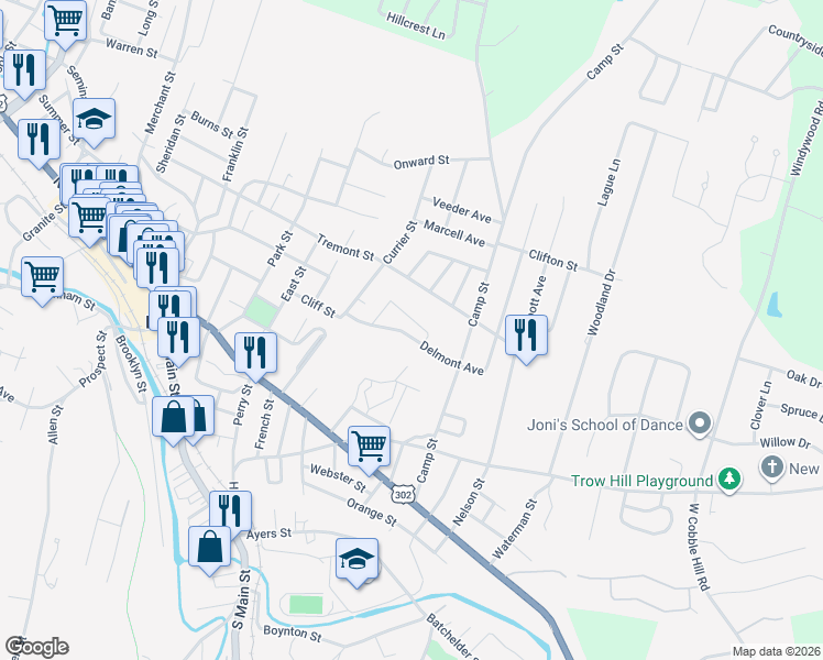 map of restaurants, bars, coffee shops, grocery stores, and more near 12 Delmont Avenue in Barre