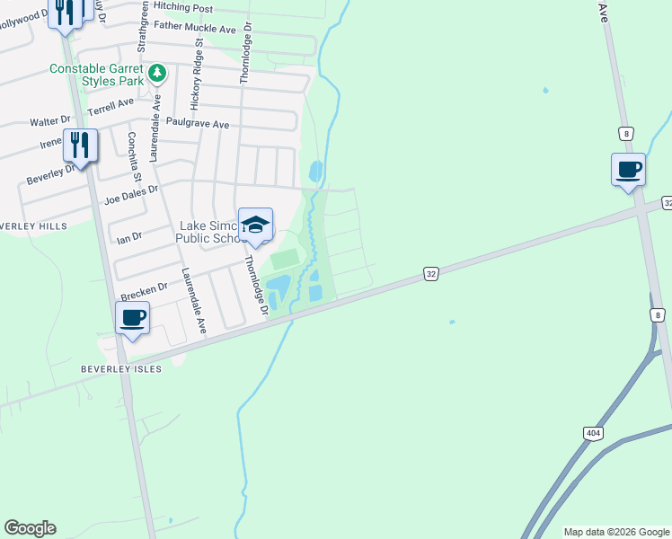 map of restaurants, bars, coffee shops, grocery stores, and more near 2 Mercury Ave in Georgina