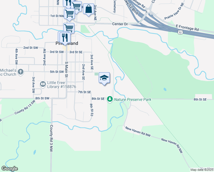 map of restaurants, bars, coffee shops, grocery stores, and more near 223 1st Avenue Southeast in Pine Island