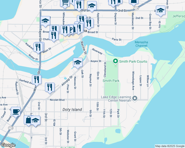 map of restaurants, bars, coffee shops, grocery stores, and more near 348 Naymut Street in Menasha