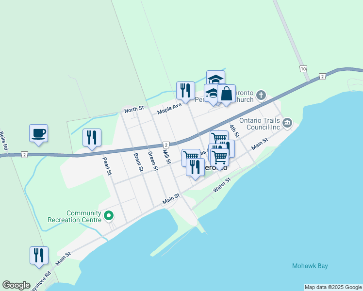 map of restaurants, bars, coffee shops, grocery stores, and more near 323 Dundas Street in Deseronto
