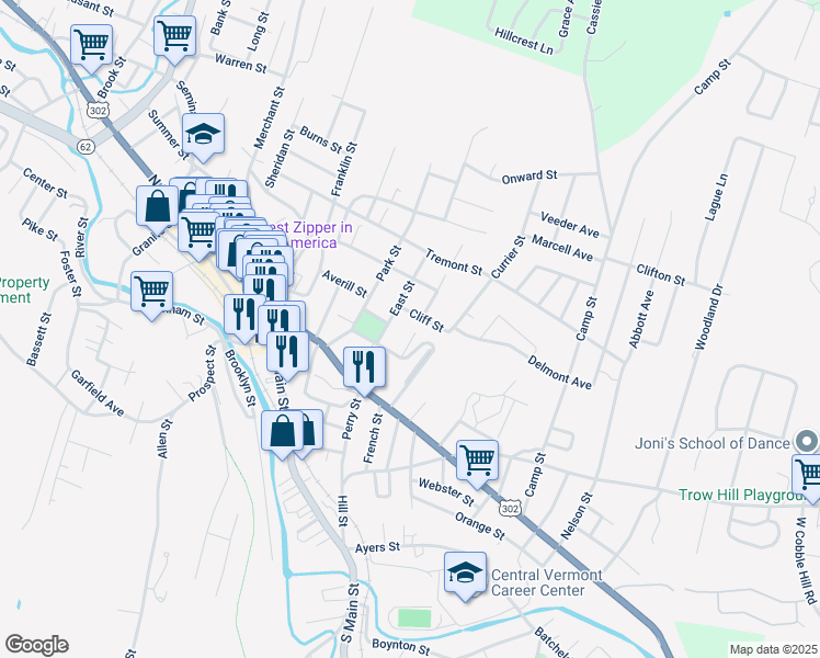 map of restaurants, bars, coffee shops, grocery stores, and more near 15 East Street in Barre