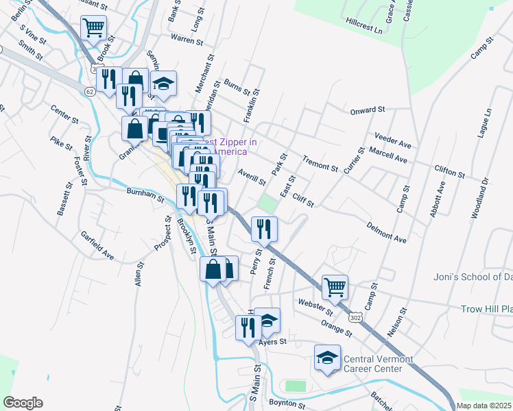 map of restaurants, bars, coffee shops, grocery stores, and more near 16 Park Street in Barre