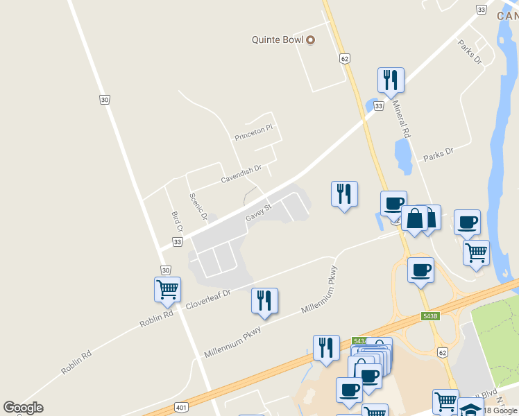 map of restaurants, bars, coffee shops, grocery stores, and more near 63 Gavey Street in Belleville