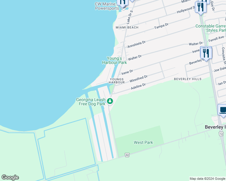 map of restaurants, bars, coffee shops, grocery stores, and more near 669 Lake Drive South in Georgina