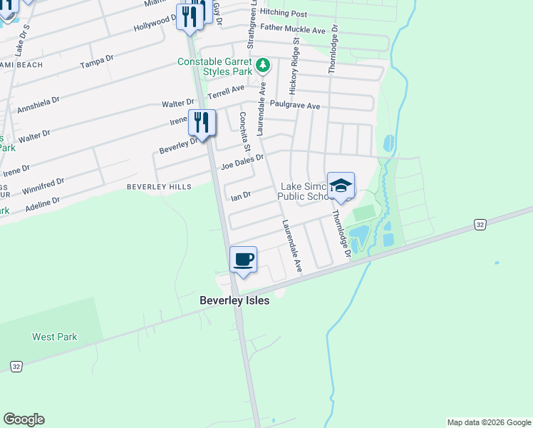 map of restaurants, bars, coffee shops, grocery stores, and more near 10 Reddenhurst Crescent in Georgina