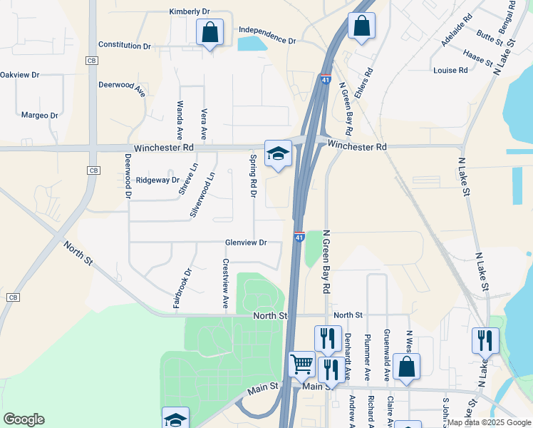 map of restaurants, bars, coffee shops, grocery stores, and more near 463 Spring Road Drive in Neenah