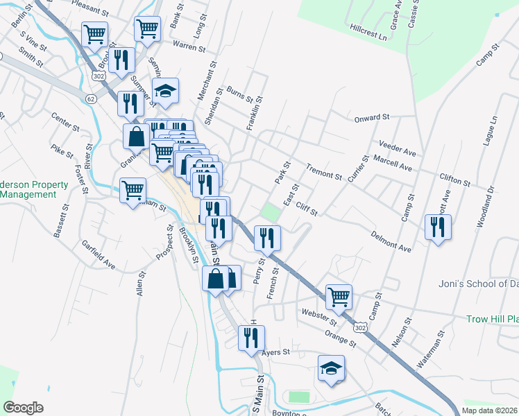 map of restaurants, bars, coffee shops, grocery stores, and more near 16 Park Street in Barre