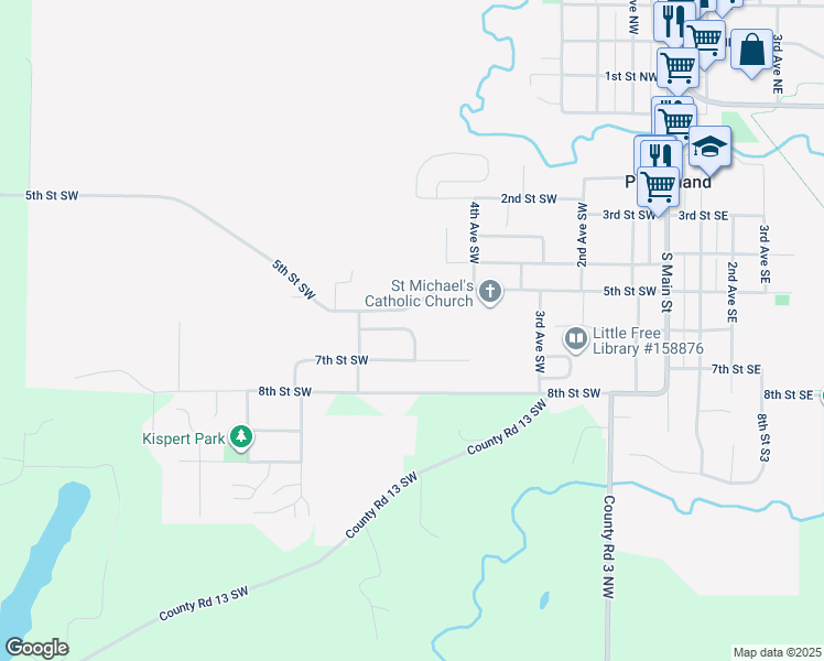 map of restaurants, bars, coffee shops, grocery stores, and more near 534 6th Street Southwest in Pine Island