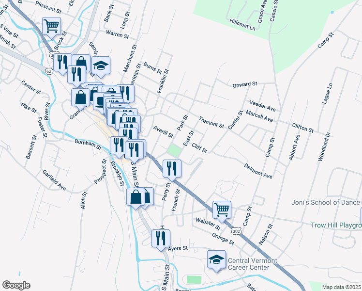 map of restaurants, bars, coffee shops, grocery stores, and more near 15 East Street in Barre