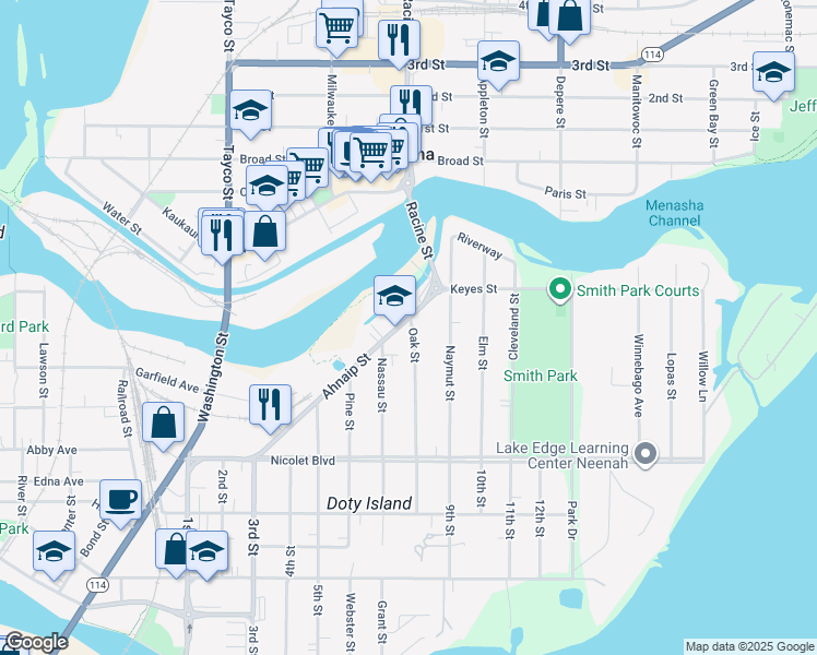 map of restaurants, bars, coffee shops, grocery stores, and more near 457 Ahnaip Street in Menasha