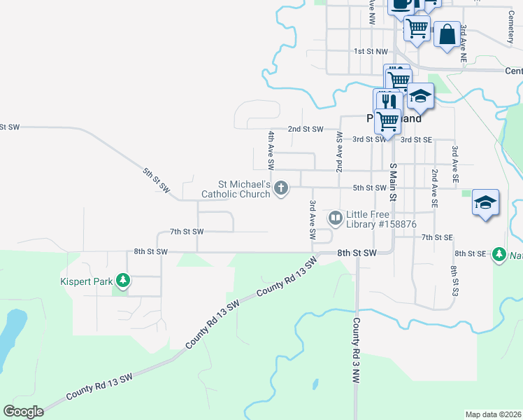 map of restaurants, bars, coffee shops, grocery stores, and more near 713 5th Avenue Southwest in Pine Island