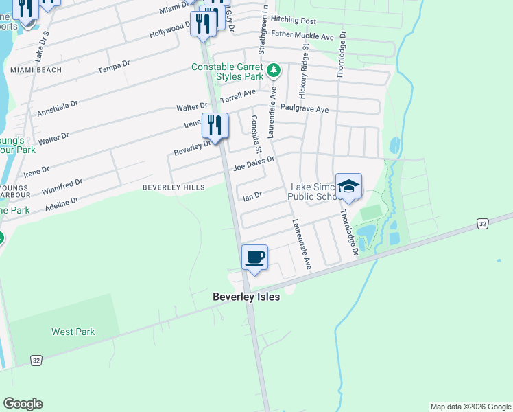 map of restaurants, bars, coffee shops, grocery stores, and more near 62 Reddenhurst Crescent in Georgina
