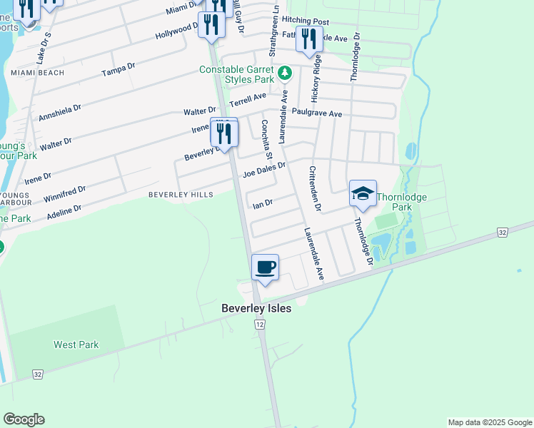 map of restaurants, bars, coffee shops, grocery stores, and more near 62 Reddenhurst Crescent in Georgina