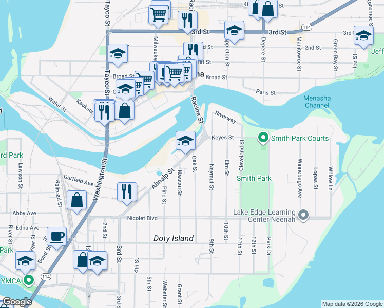 map of restaurants, bars, coffee shops, grocery stores, and more near 457 Ahnaip Street in Menasha