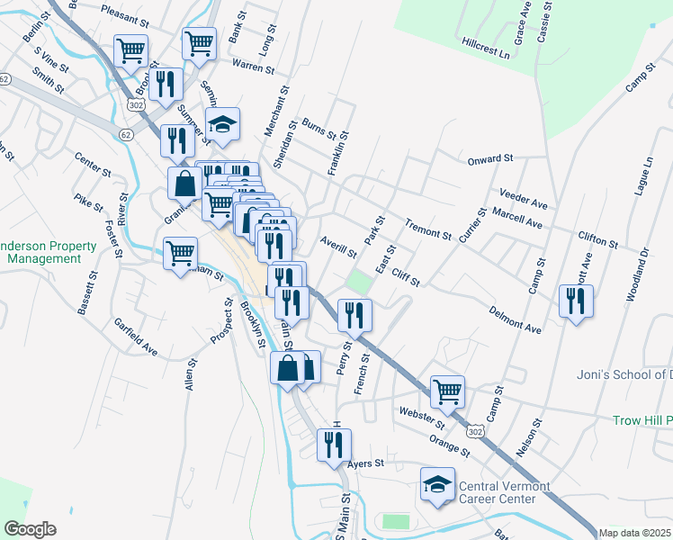 map of restaurants, bars, coffee shops, grocery stores, and more near 144 Church Street in Barre