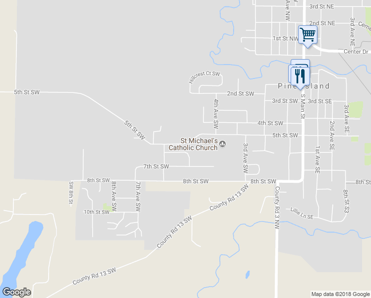 map of restaurants, bars, coffee shops, grocery stores, and more near 534 6th Street Southwest in Pine Island