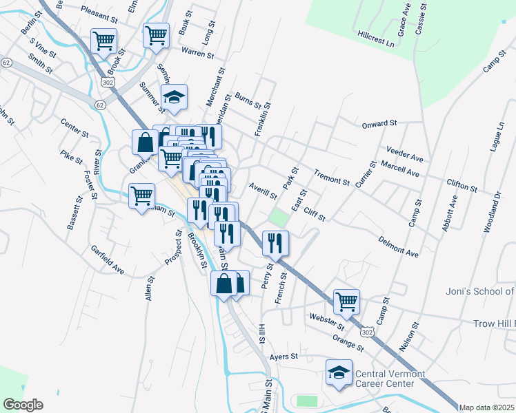 map of restaurants, bars, coffee shops, grocery stores, and more near 144 Church Street in Barre