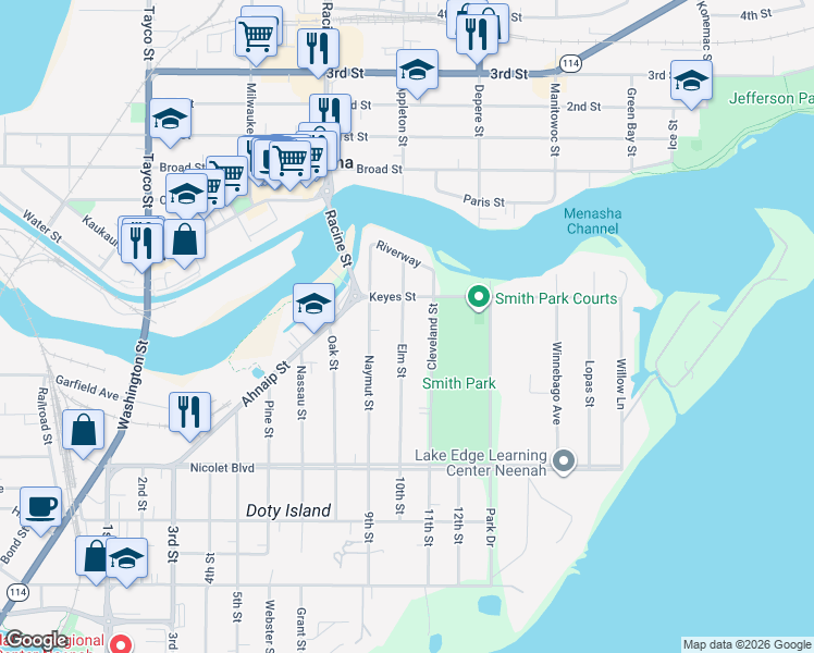 map of restaurants, bars, coffee shops, grocery stores, and more near 310 Elm Street in Menasha