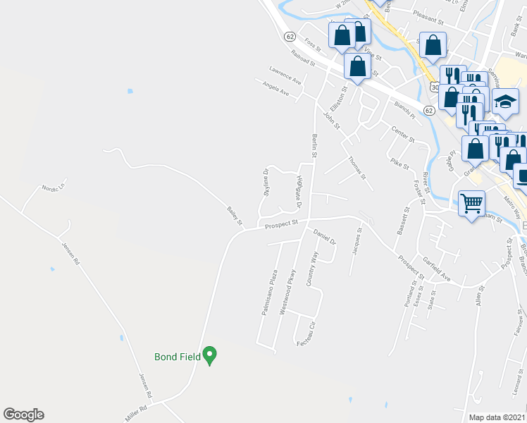 map of restaurants, bars, coffee shops, grocery stores, and more near 11 Skyline Drive in Barre