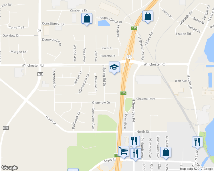 map of restaurants, bars, coffee shops, grocery stores, and more near 463 Spring Road Drive in Neenah