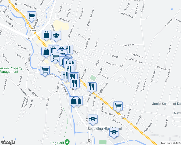map of restaurants, bars, coffee shops, grocery stores, and more near 16 Park Street in Barre