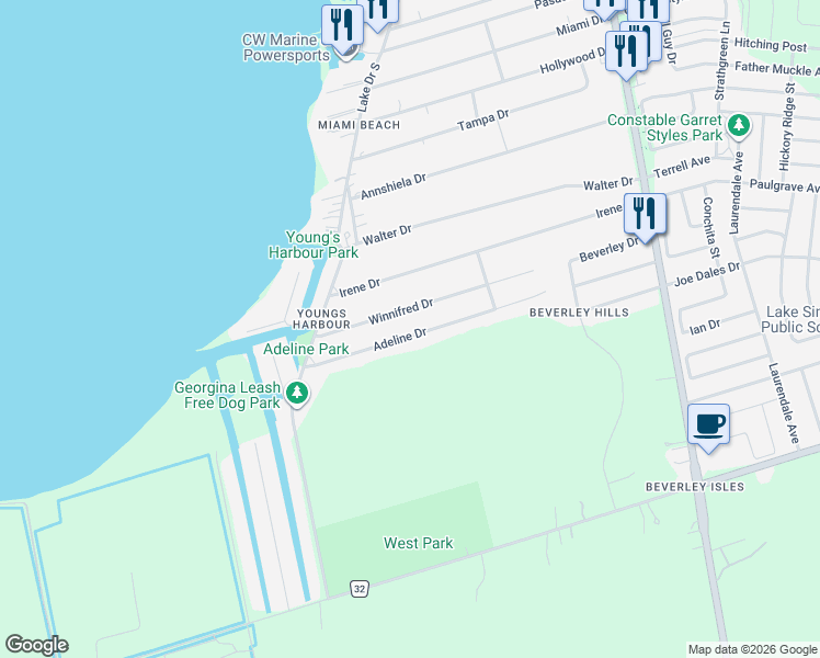 map of restaurants, bars, coffee shops, grocery stores, and more near 374 Adeline Drive in Georgina