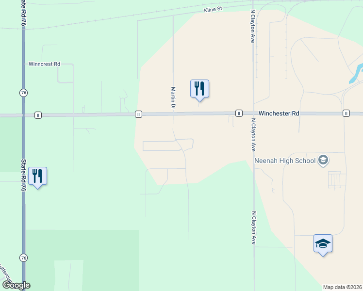 map of restaurants, bars, coffee shops, grocery stores, and more near 2689 County Road II in Neenah