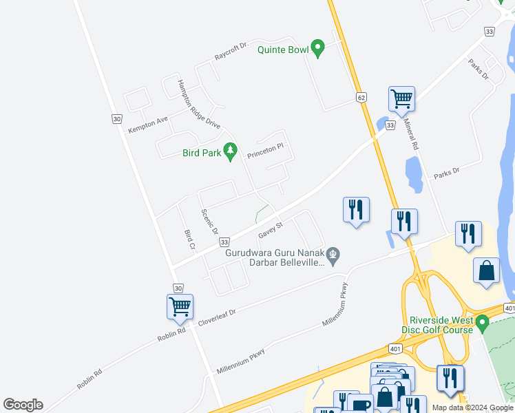map of restaurants, bars, coffee shops, grocery stores, and more near 63 Gavey Street in Belleville