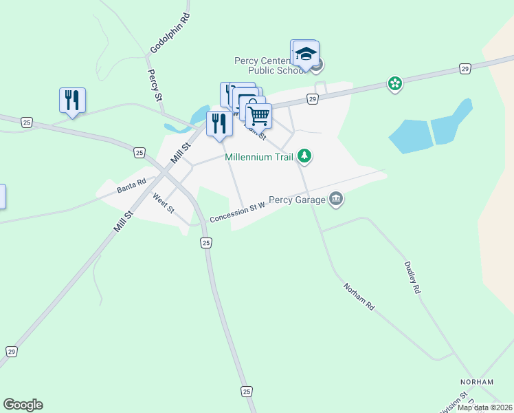 map of restaurants, bars, coffee shops, grocery stores, and more near Concession Street West in Trent Hills